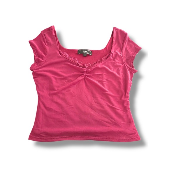 VIBE Pink‎ Lace Trim Square Neck Top Fitted Tee Y2K Style Medium - Picture 1 of 7